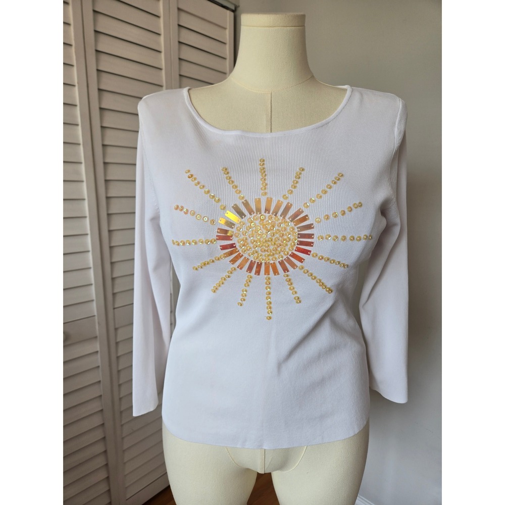 Lucia Burns White Ribbed Sequin Sun Top Size L Y2K Coastal Glam Boho Resort Euro